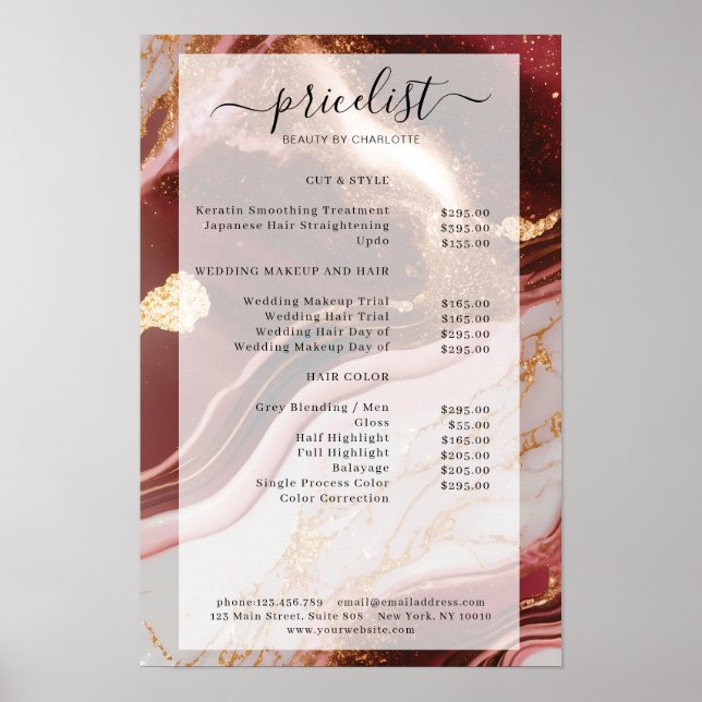 Modern marmor glitter salong prislista poster (Framsidan)