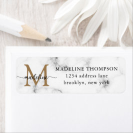 Modern marmor guld flickaktig script monogram adre returadress etikett