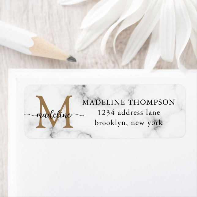 Modern marmor guld flickaktig script monogram adre returadress etikett (Insitu)