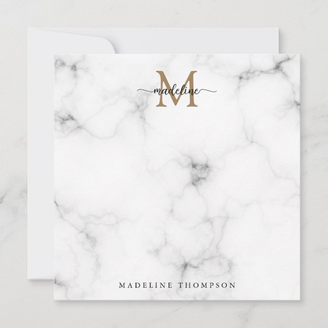 Modern marmor guld flickaktig script monogram kvad anteckningskort (Framsida)