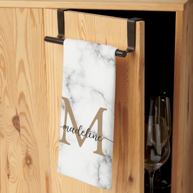 Modern marmor guld flickaktig scriptmonogram kökshandduk (Thirds Fold)