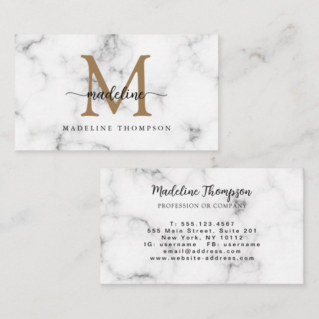 Modern marmor guld flickaktig scriptmonogram visitkort (Fram/baksida)