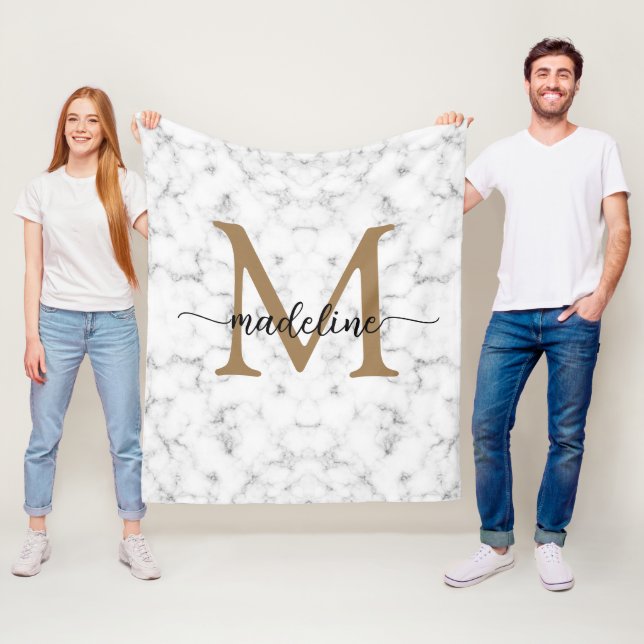 Modern marmor guld girly script monogram fleecefilt (På plats)