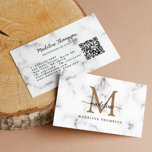Modern marmor guld girly script monogram QR-kod Visitkort