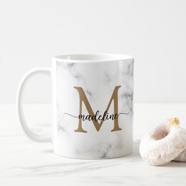 Modern marmor guld kvinnlig script monogram kaffemugg (Med munk)