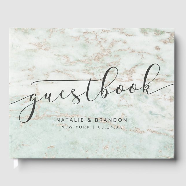 Modern marmor i Mint med Ro Guld Bröllop Gästböcker (Framsida)