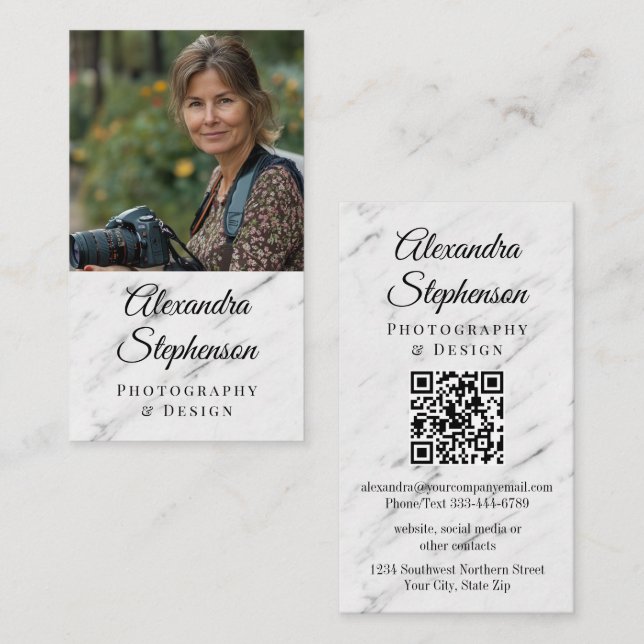 Modern Marmor Klassisk Elegant QR-kod Anpassad Fot Visitkort (Fram/baksida)