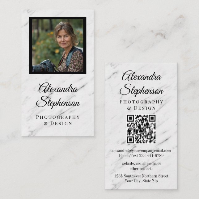 Modern Marmor Klassisk Elegant QR-kod Anpassad Fot Visitkort (Fram/baksida)
