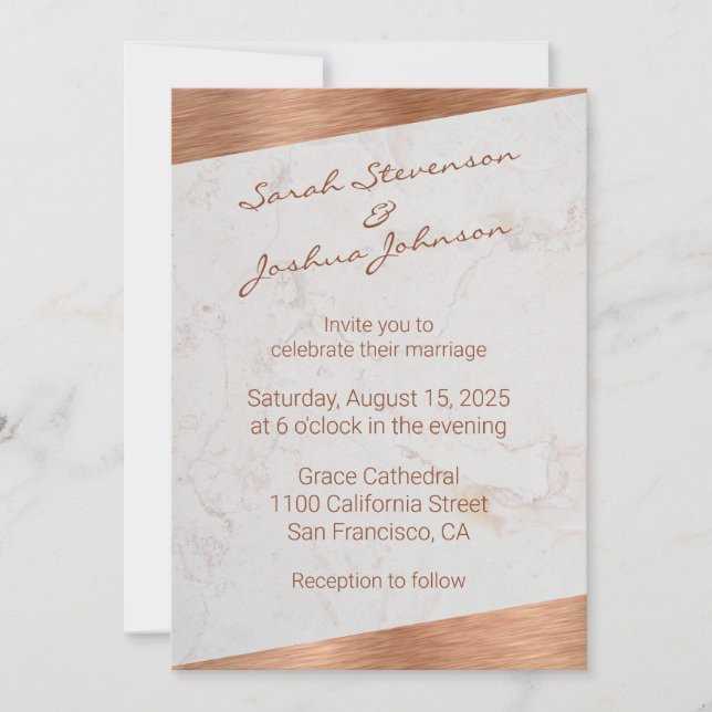 Modern marmor koppar handskrift geometrisk vigsel inbjudningar (Framsida)