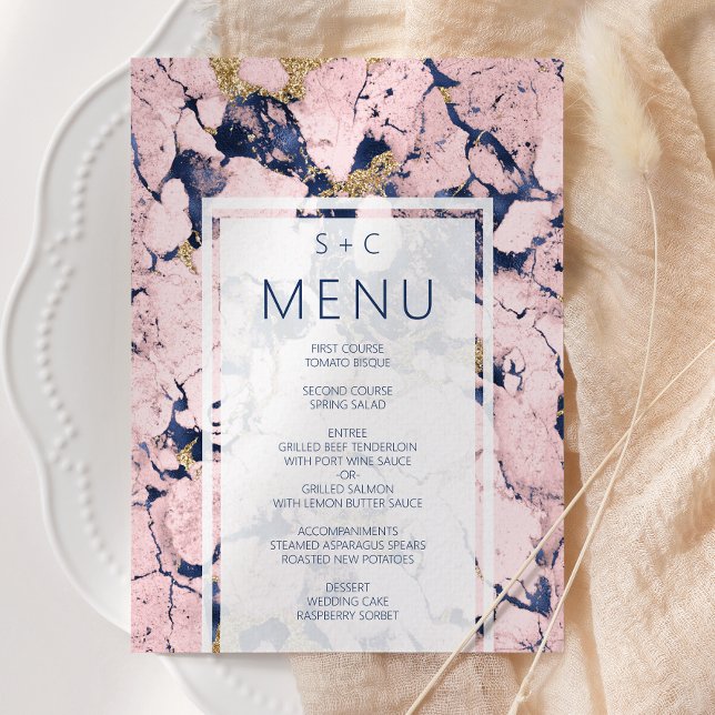 Modern marmor navyblå rosa guld bröllop meny (Skapare uppladdad)