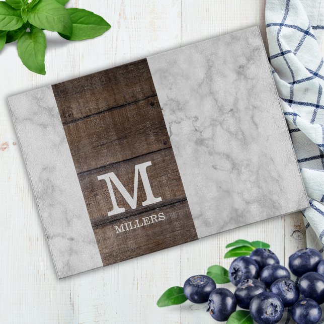 Modern marmor- och träfamilj Namn monogrammad (Modern Marble And Wood Family Name Monogrammed Cutting Board)