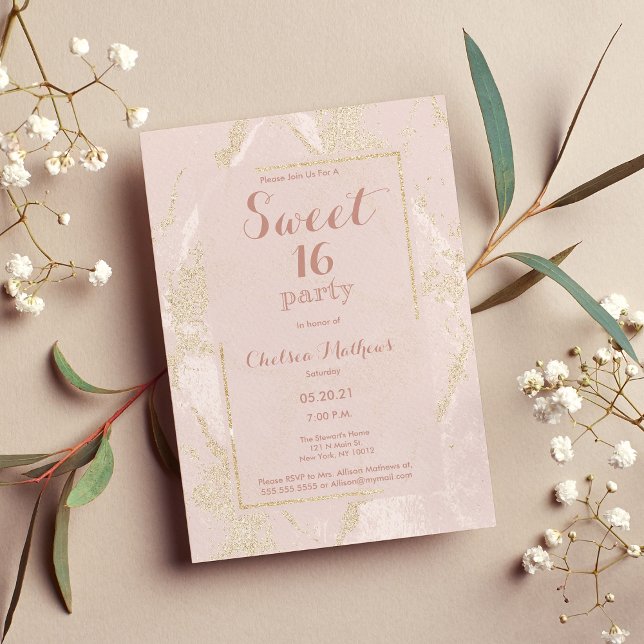 Modern marmor, , rosa, guld glitter, sötad 16 inbjudningar (Modern blush pink gold glitter marble Sweet 16 Invitation)