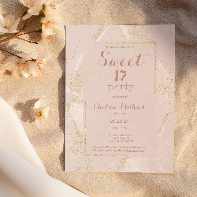 Modern marmor, , rosa, guld glitter, sötad 17 inbjudningar (Modern blush pink gold glitter marble Sweet 17)