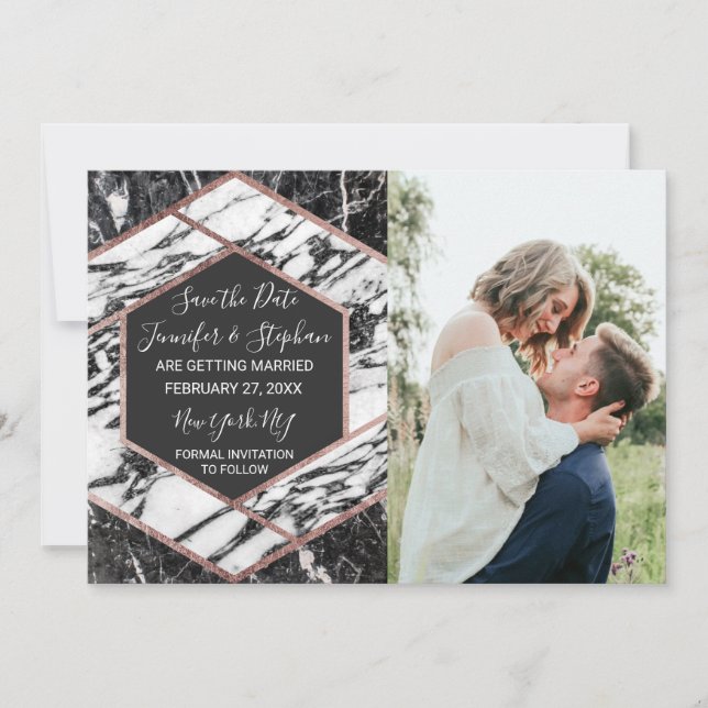 Modern marmor roséguld trimmet hexagon Spara datum Inbjudningar (Framsida)