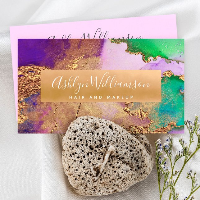Modern marmor, vattenfärg, guld lila grönt visitkort (Skapare uppladdad)