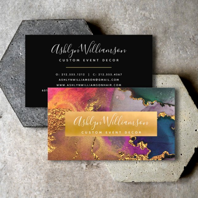 Modern marmorerad vattenfärg, blått skript guld li visitkort (Skapare uppladdad)