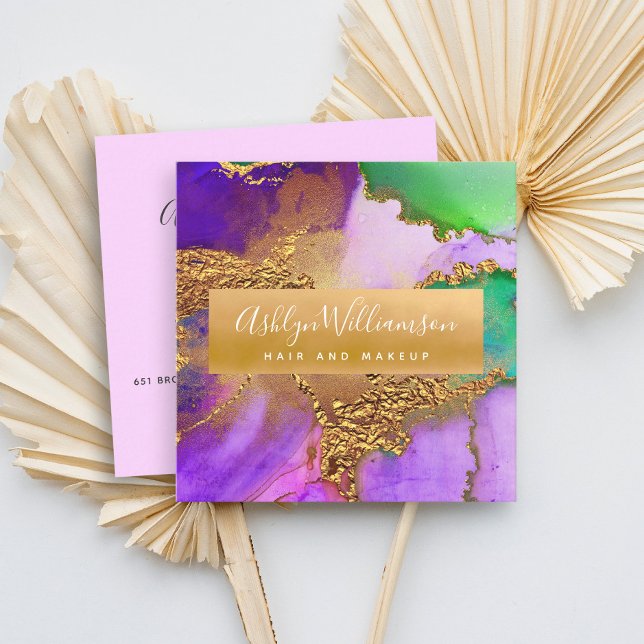 Modern marmorfärgad guld lila grönt & aqua fyrkantigt visitkort (Skapare uppladdad)