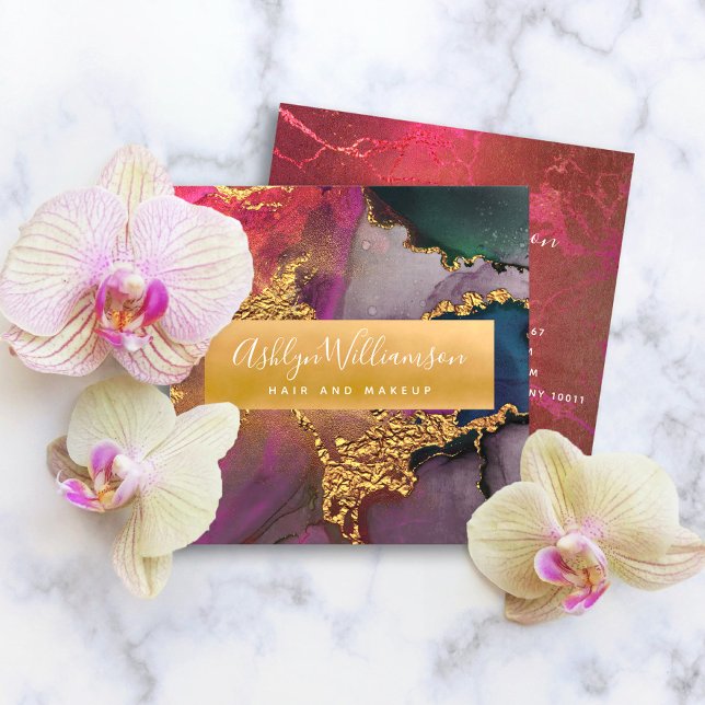 Modern marmorfärgad rosa guld lila blå fyrkantigt visitkort (Skapare uppladdad)