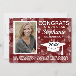 Modern Maroon Bokeh Bubbles Photo Studenten Inbjudningar