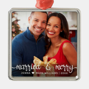 Modern married Merry White Script Photo Julgransprydnad Metall