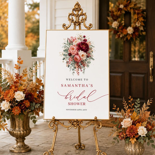 Modern marsala blomster höst bröllopsdusch välkoms poster (Modern marsala floral fall bridal shower welcome sign

)