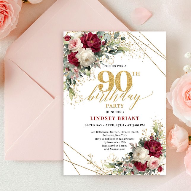 Modern Marsala Guld Blommig 90-års Födelsedagsinbj Inbjudningar (Modern Marsala Gold Floral 90th Birthday Invitation

)