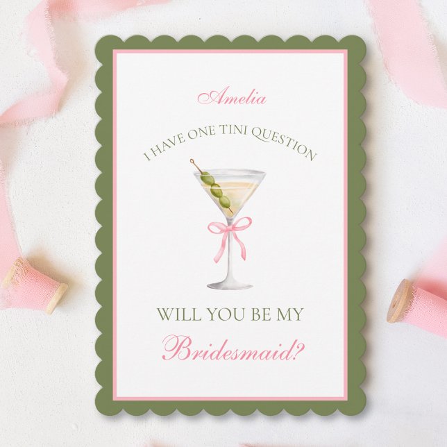 Modern Martini Bow Trend Rosa and Olive Bridesmaid Kort (Skapare uppladdad)