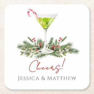 Modern Martini och Misteltoe Candy Cane Cocktail Underlägg Papper Kvadrat