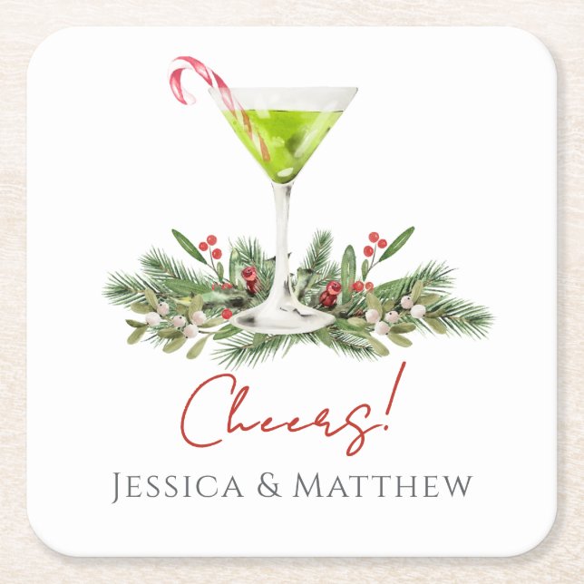 Modern Martini och Misteltoe Candy Cane Cocktail Underlägg Papper Kvadrat (Framsidan)