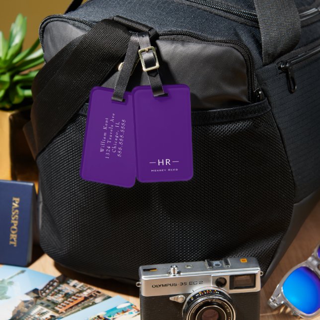 Modern Masculine Simple Lila Monogram Initialer Bagagebricka (Fram & Baksida)