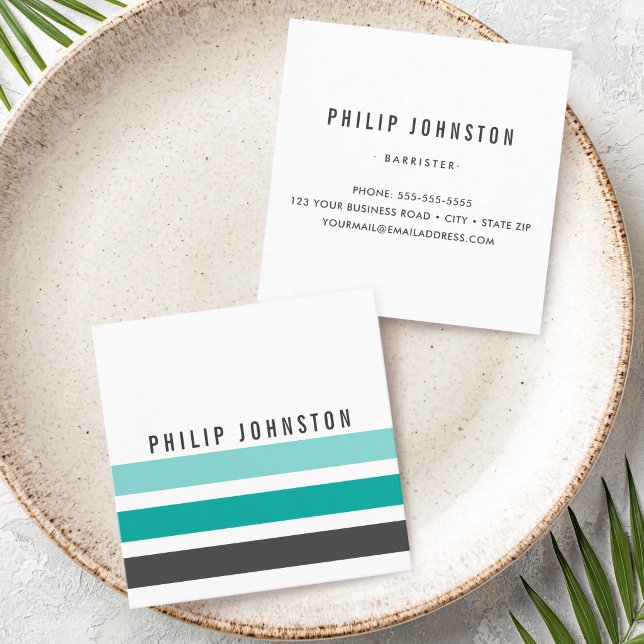 Modern maskulin grå teal aqua blå ränder vit fyrkantigt visitkort (Modern masculine gray teal aqua blue stripes white square business card)