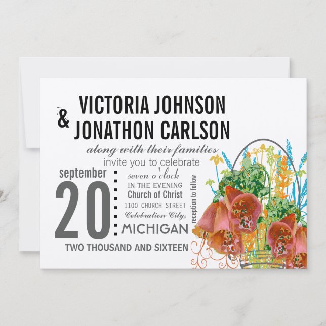 Modern Mason Burk Coral och Mint Blommigt Bröllop Inbjudningar (Framsida)