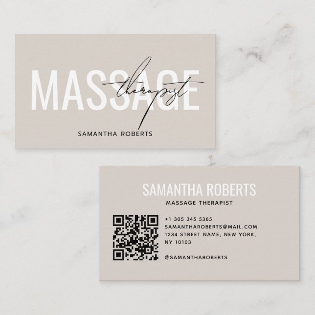 Modern massage terapeut QR-kod beige Visitkort (Fram/baksida)