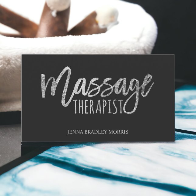 Modern massageterapeutisk manusfolie silver visitkort (Modern massage therapist script silver foil business card)