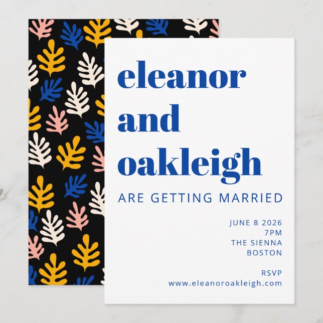 Modern Matisse Botanique Blue Black Bröllop Inbjudningar (Fram/baksida)