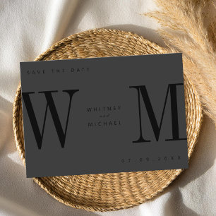 Modern Matte Black Minimalist Monogram Bröllop Spara Datumet