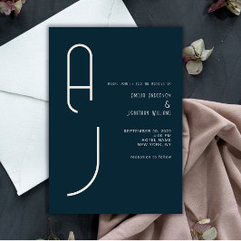 Modern Matte Monogram Minimal Wedding Navy Blue Inbjudningar