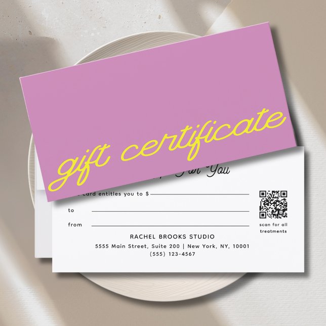 Modern Mauve Rosa QR-kod Presentkort (Modern Script Mauve Pink QR Code Gift Certificate)