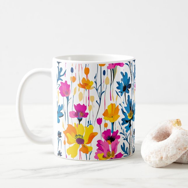 Modern Maximalist Färg Pop Bläck Blommigt Art Kaffemugg (Med munk)