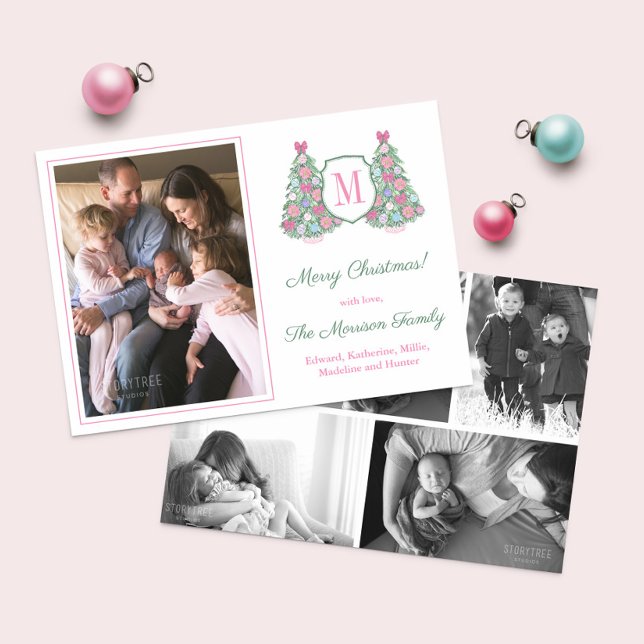 Modern Maximalist Monogram Photo Collage jul Julkort (Vibrant monogram photo Christmas cards featuring a Holidays tree ornately decorated in jewel colors)