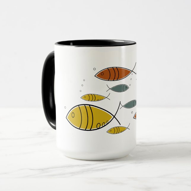 Modern MCM Retro Fish Swimming Mönster i mitten av Mugg (Framsida vänster)