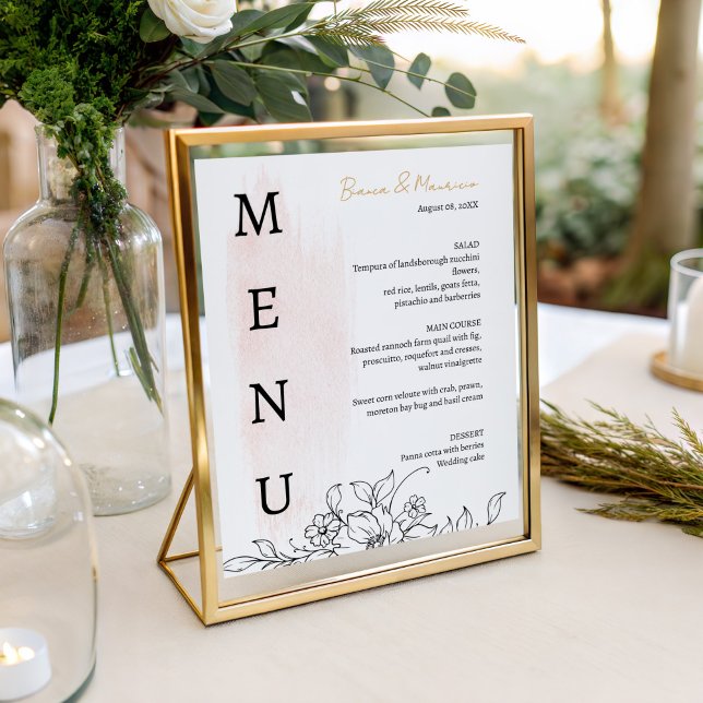 Modern med  vattenfärger och svarta Blommigtar Meny (Modern with Blush Watercolor and Black Florals Menu)