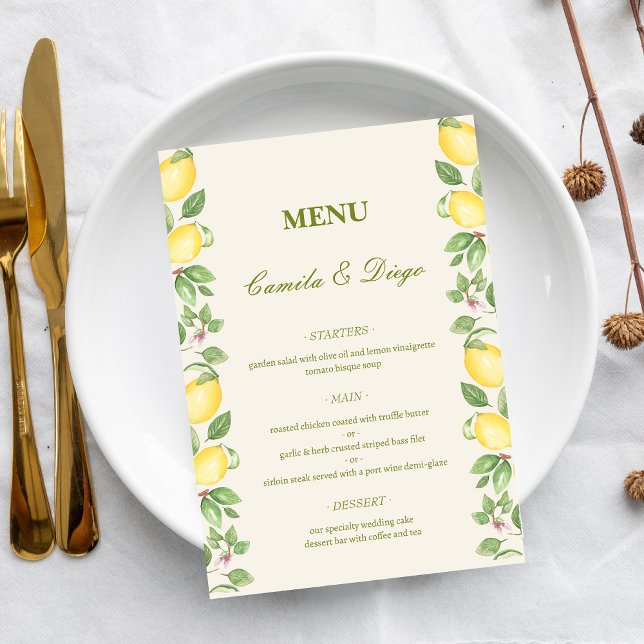 Modern Medelhavs Olive Lemon Elegant Bröllop Meny (Skapare uppladdad)