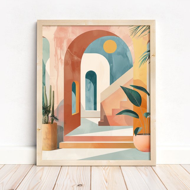 Modern Medelhavsboho Ark Väggkonsttryck Poster (Modern Mediterranean Boho Arch Wall Art Print in a neutral wooden frame on the floor)
