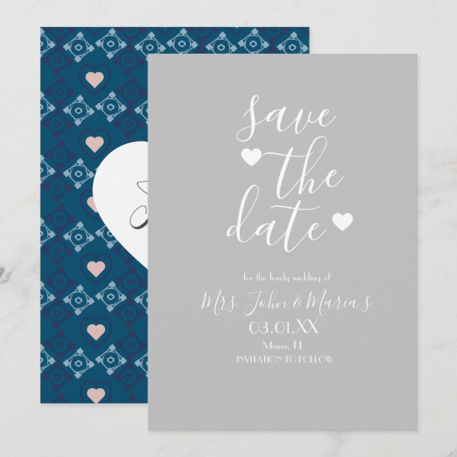 Modern Mediterransk Kakel med Heart Save the Date Inbjudningar (Fram/baksida)