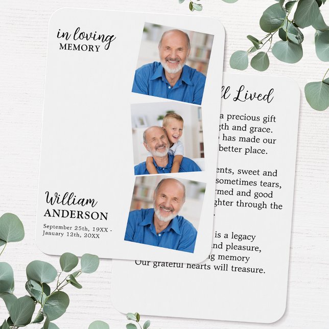 Modern Memorial 3-fotobegravningskort Visitkort (Skapare uppladdad)