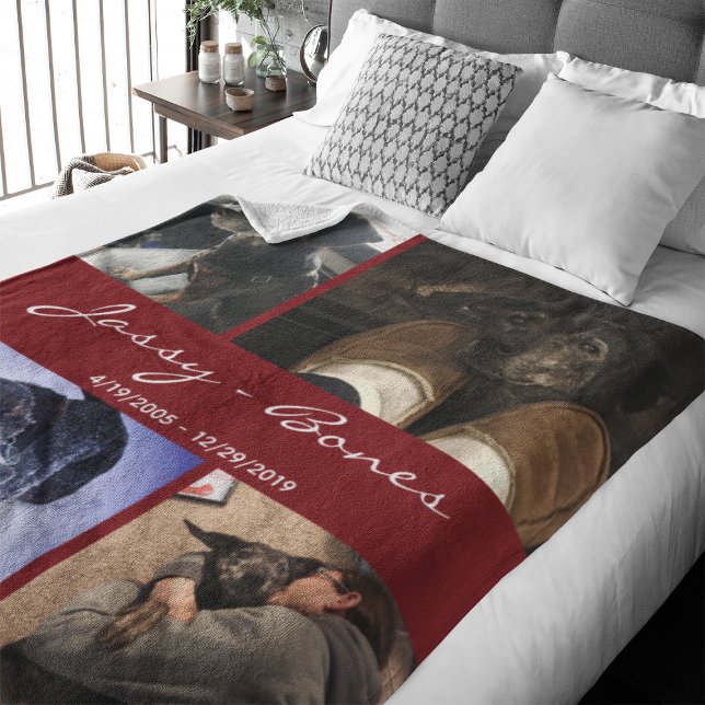Modern Memorial Pet Photo Collage Burgundy Fleecefilt (Capture precious pet moments with our Modern Pet Photo Collage Fleece Blanket. )