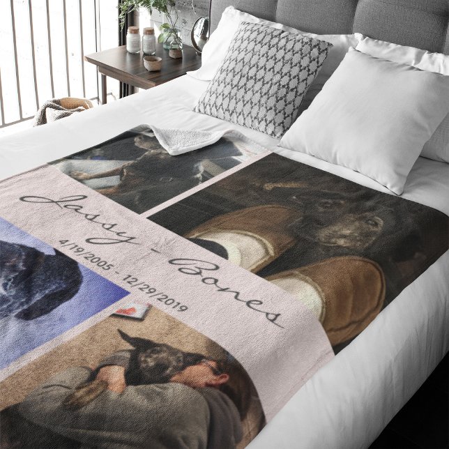 Modern Memorial Pet Photo Collage  Rosa Fleecefilt (Capture precious pet moments with our Modern Pet Photo Collage Fleece Blanket. )
