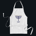 Modern Menorah Blue Guld Flat Design Förkläde<br><div class="desc">Modern Menorah Blue Guld Flat Design Apron. I utträde 25:31 står det "Och du ska göra en ljusskygg av rent guld: av det slagna arbetet ska ljusskyggen göras: hans axel, hans grenar, hans skål, hans knopp och hans blommor ska vara av samma slag." Denna utformning är en linjär, modern, minimalistisk,...</div>