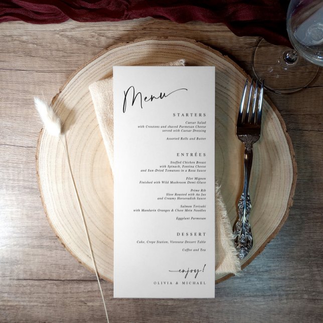 Modern meny för svart-vit bröllopsmiddag (Modern minimalist black and white wedding menu with elegant script typography)